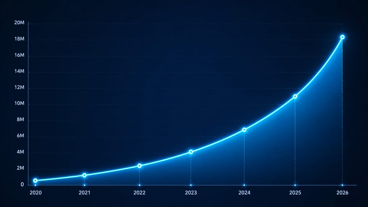 黄色电影用户增长数据图表,展示2020-2026年注册用户从50万增长至1800万的趋势